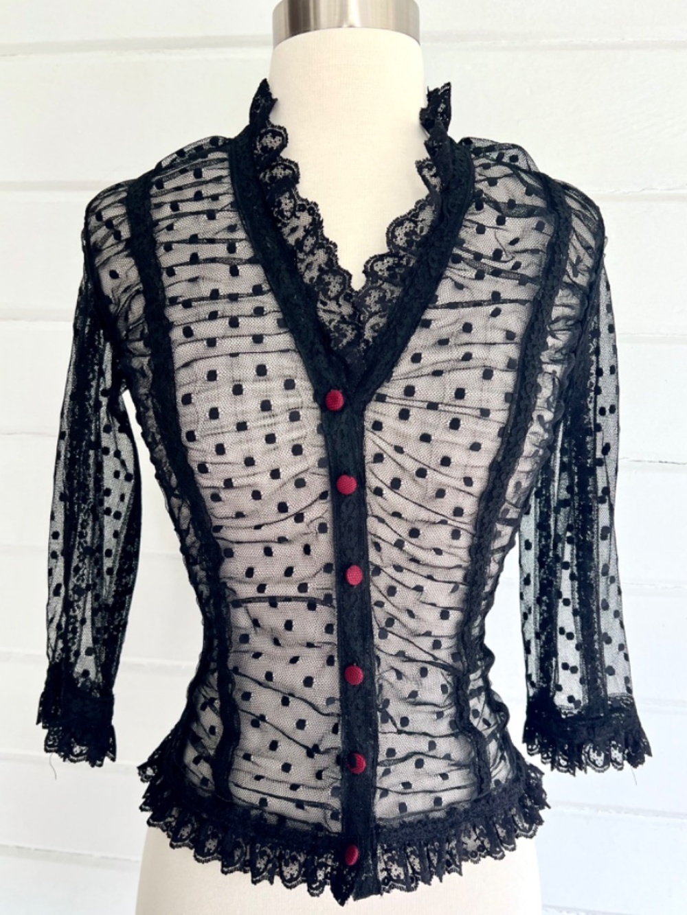 Vintage BETSEY JOHNSON Mesh/Lace Swiss Dot Button Up Blouse - 4* (XS)